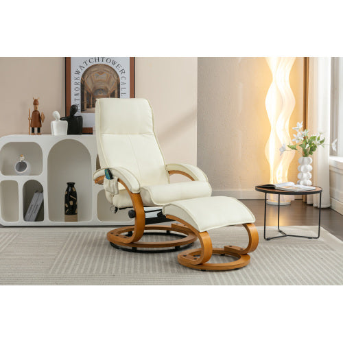 UK Local PU Upholstered Massage Recliner With Ottoman Footstool, 5 Points Massager, Bentwood Base For Living Room Bedroom, Beige