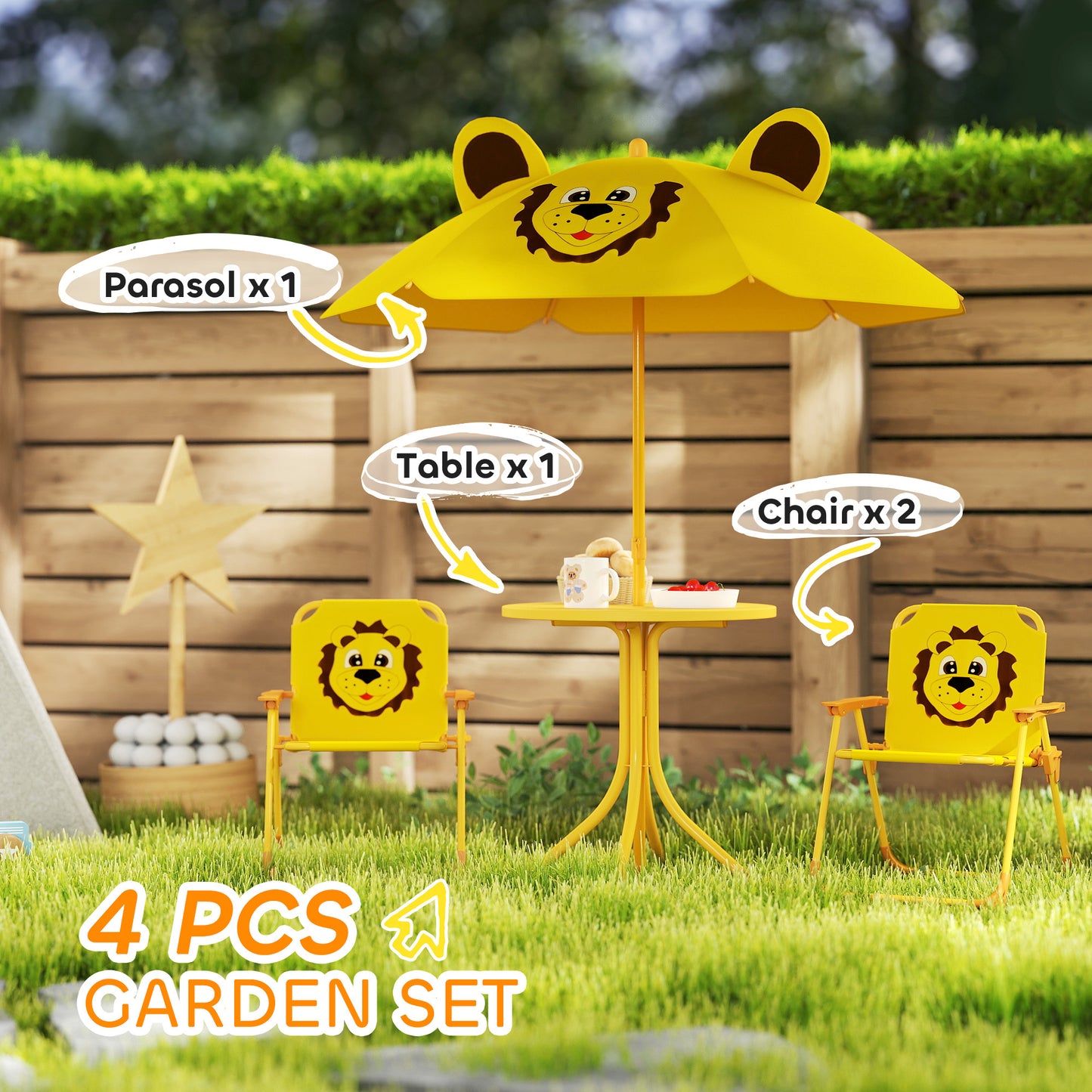 US Local Kids Picnic Table And Chair Set, Outdoor Activity Table With Foldable Chairs, Height Adjustable Umbrella, Yellow