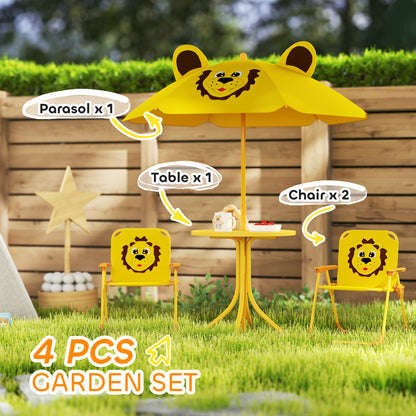 US Local Kids Picnic Table And Chair Set, Outdoor Activity Table With Foldable Chairs, Height Adjustable Umbrella, Yellow