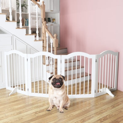 US Local 27.6 Height Tall Freestanding Pet Gate, 4 Panels Foldable Dog Gate, Solid Wood Folding Safety Fence Wooden Dog Gate With 2 Pcs Support Feet Ideal For Stairs, Doorways, Halls, Kitchens, Heavy Duty Gat