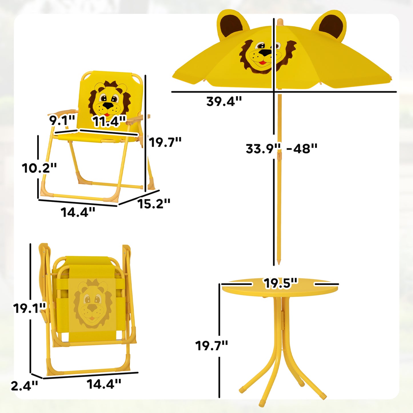 US Local Kids Picnic Table And Chair Set, Outdoor Activity Table With Foldable Chairs, Height Adjustable Umbrella, Yellow
