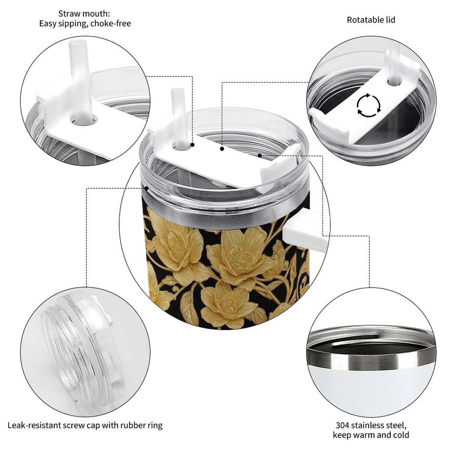 PHDT00033 POD US Local Tumbler 40 oz Large Capacity Car Cup Gold, Flowers