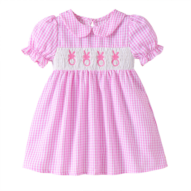 US Local Toddler Girl's Lapel Bubble Sleeve Dress, Checkered Pattern & Bunny Embroidery A-Line Summer Dress