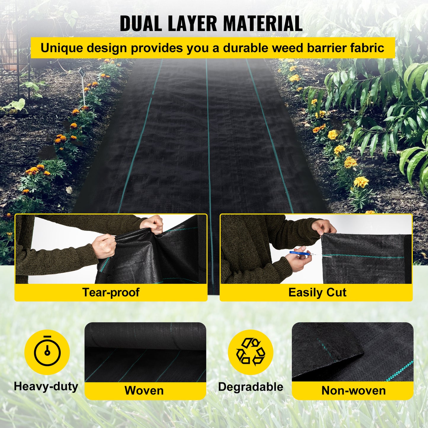 US Local VEVOR Weed Barrier, 5.8oz Landscape Fabric, 3ft X 300ft Cover Mat Heavy Duty Woven Grass Control Geotextile For Garden, Patio, Black