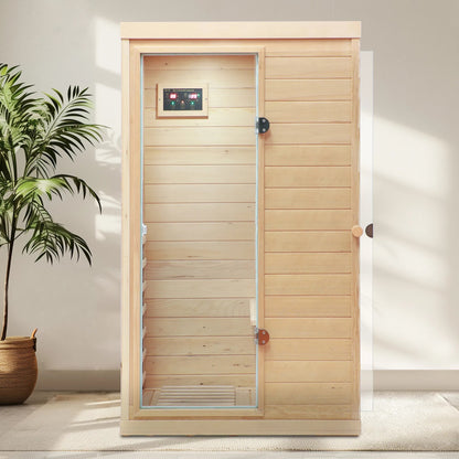 US Local Hemlock Mini One Person Far Infrared Door On The Left Of The Indoor Sauna Room