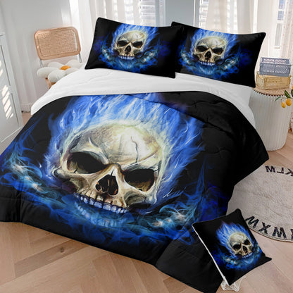 US Local 4 Piece Blue Fire Skull Comforter Set, 3D Skeleton Printed Bedding With 1 Comforter, 2 Shams, 1 Cushion Cover, Black Queen Size