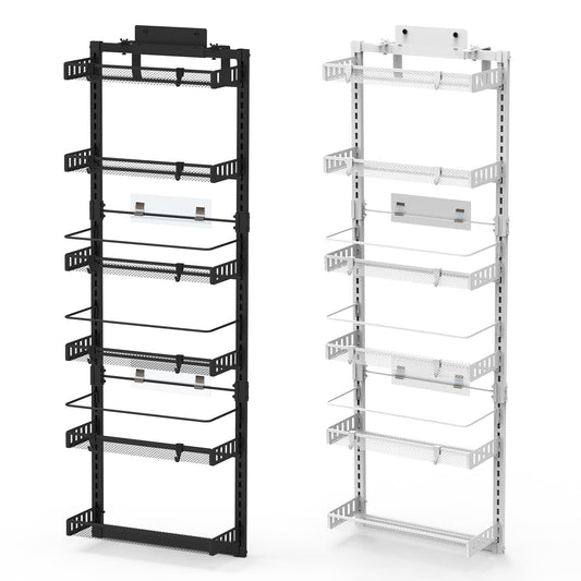 US Local Black-White Options -- 1Pc Over The Door Pantry Organizer 6-Tier Pantry Door Organizer Carbon Steel 110LBS Loading Easy Install Behind Door Storage For Closet Kitchen Bathroom 50.19H 17.12W 5.51in D