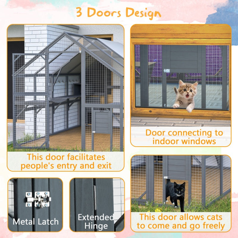 US Local Extra Spacious Catio Outdoor Cat Haven, 110 Inch Luxury Cattery With Weather-Resistant Roof, Cat Climbing Ramp, Space Pod Bed, 2 Lounging Huts