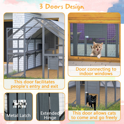 US Local Extra Spacious Catio Outdoor Cat Haven, 110 Inch Luxury Cattery With Weather-Resistant Roof, Cat Climbing Ramp, Space Pod Bed, 2 Lounging Huts