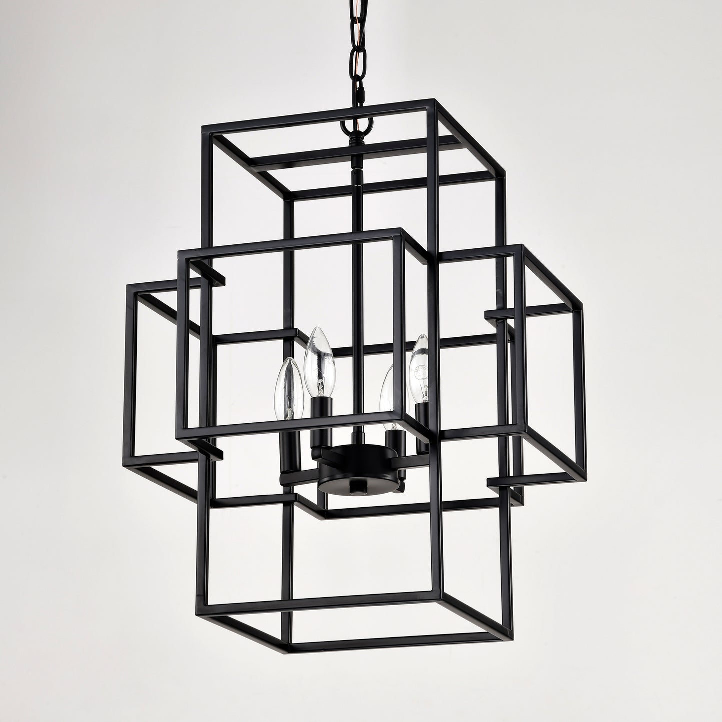 US Local 4-Light Metal Lantern Tiered Pendant Hanging Light Fixtures, Industrial Farmhouse Adjustable Height Chandeliers For Dining Room Hallway Foyer Entryway--Matte Black