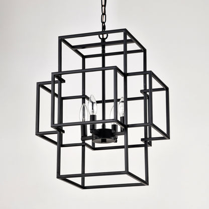 US Local 4-Light Metal Lantern Tiered Pendant Hanging Light Fixtures, Industrial Farmhouse Adjustable Height Chandeliers For Dining Room Hallway Foyer Entryway--Matte Black