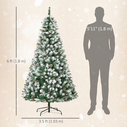 6ft Snow Flocked Artificial Christmas Tree, Unlit Full Fir Tree With Automatic Open, 800 Realistic Branches And 61 Pine Cones