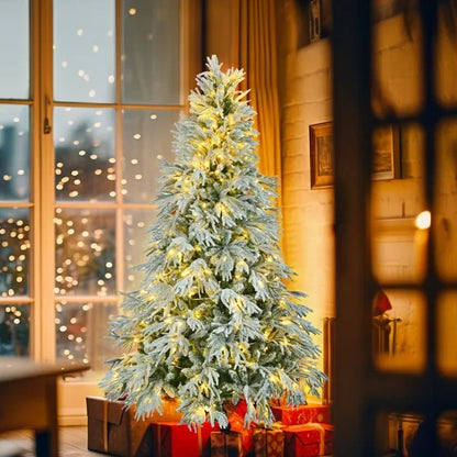 US Local 6FT Pre-Lit Spruce Snow Flocked Christmas Tree, Artificial Hinged Xmas Tree With 300 Multi-Color LED Lights, 8 Flashing Modes &790 Snow Branch Tips, Holiday Office Home