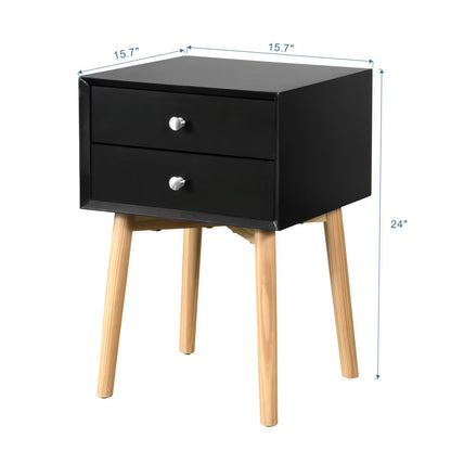 US Local Side Table,Bedside Table With 2 Drawers And Rubber Wood Legs, Mid-Century Modern Storage Cabinet For Bedroom Living Room