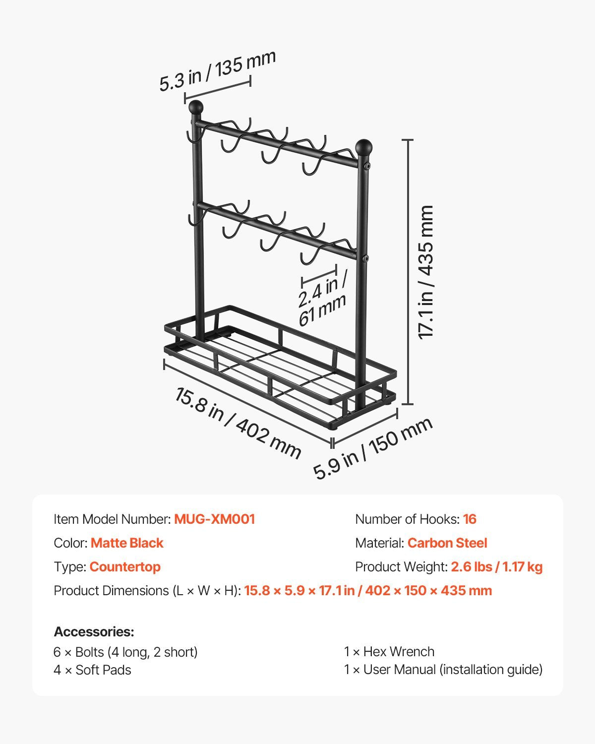 US Local Coffee Mug Holder For Countertop 16 Hooks Cup Rack With Storage Base Organizer