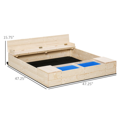 US Local Kids Sandbox w/ Two Boxes Foldable Bench Seat Waterproof Cover Bottom Liner Storage Space