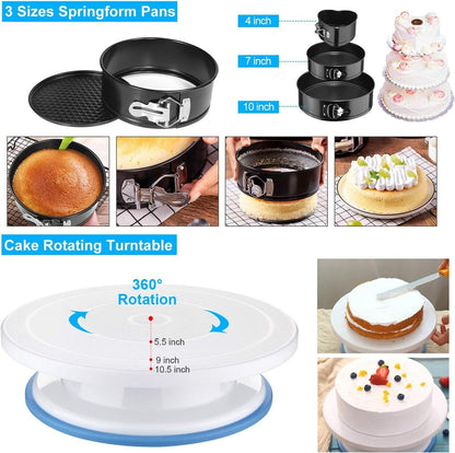 US Local 398PCS Cake Decorating Supplies Kit, Baking Tools Set For Cakes -3 Packs Springform Cake Pans Cake Rotating Turntable 48 Numbered Piping Icing Tips 4 Russian Nozzles 9 Fondant Tools For Beginners