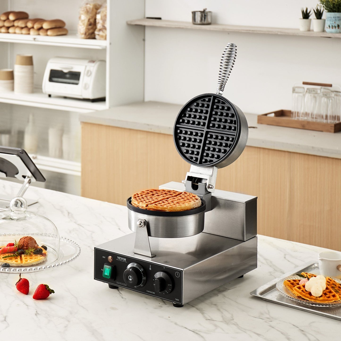 US Local Commercial Waffle Maker Round Waffle Iron Baker Machine Non-Stick 1230W