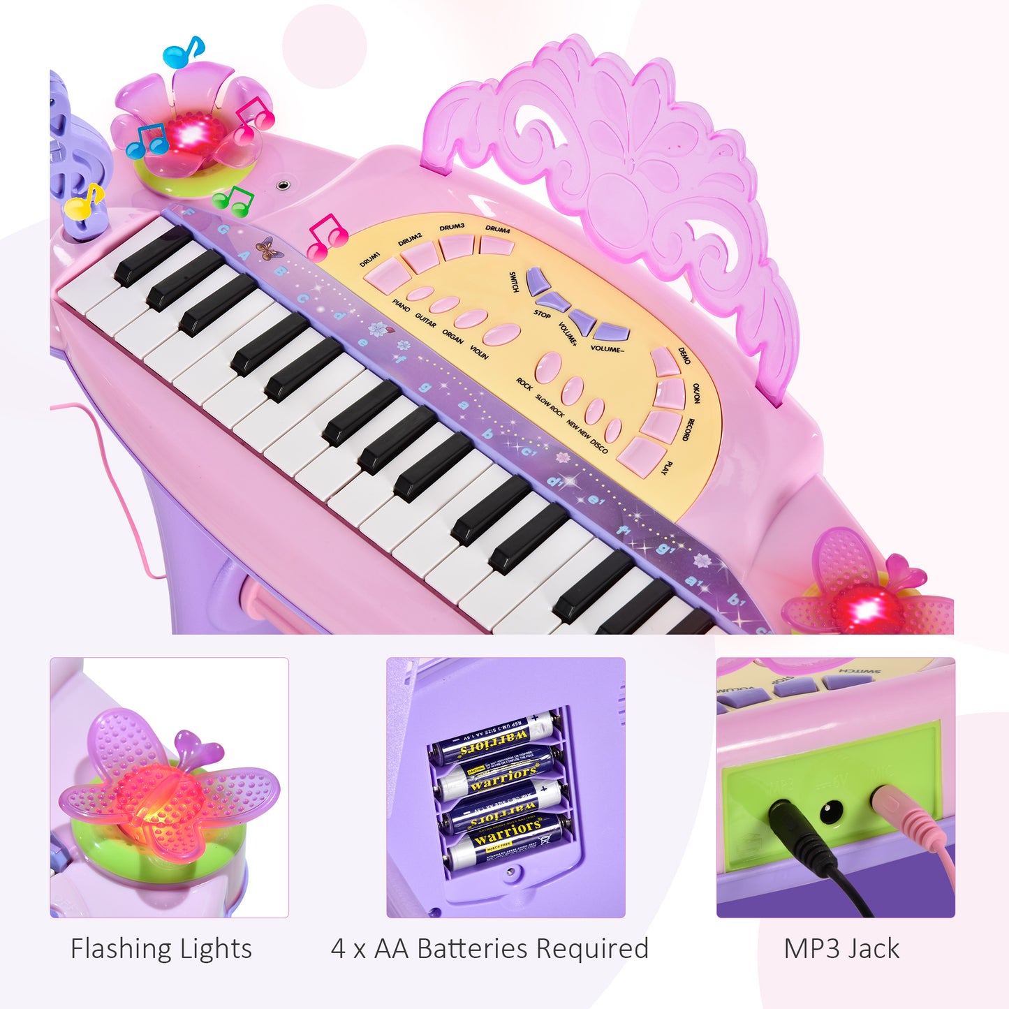 US Local 37-Key Kids Princess Electronic Piano Toddler Toy Keyboard with Stool