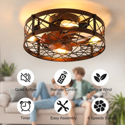 US Local Cage Ceiling Fan With Light, Black, Recessed Ceiling Fan Light, Farmhouse Small Ceiling Fan With Light Fixture, Bedroom Reversible Fan - E26 Bulb Included
