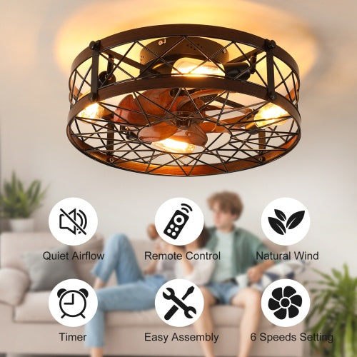 US Local Cage Ceiling Fan With Light, Black, Recessed Ceiling Fan Light, Farmhouse Small Ceiling Fan With Light Fixture, Bedroom Reversible Fan - E26 Bulb Included