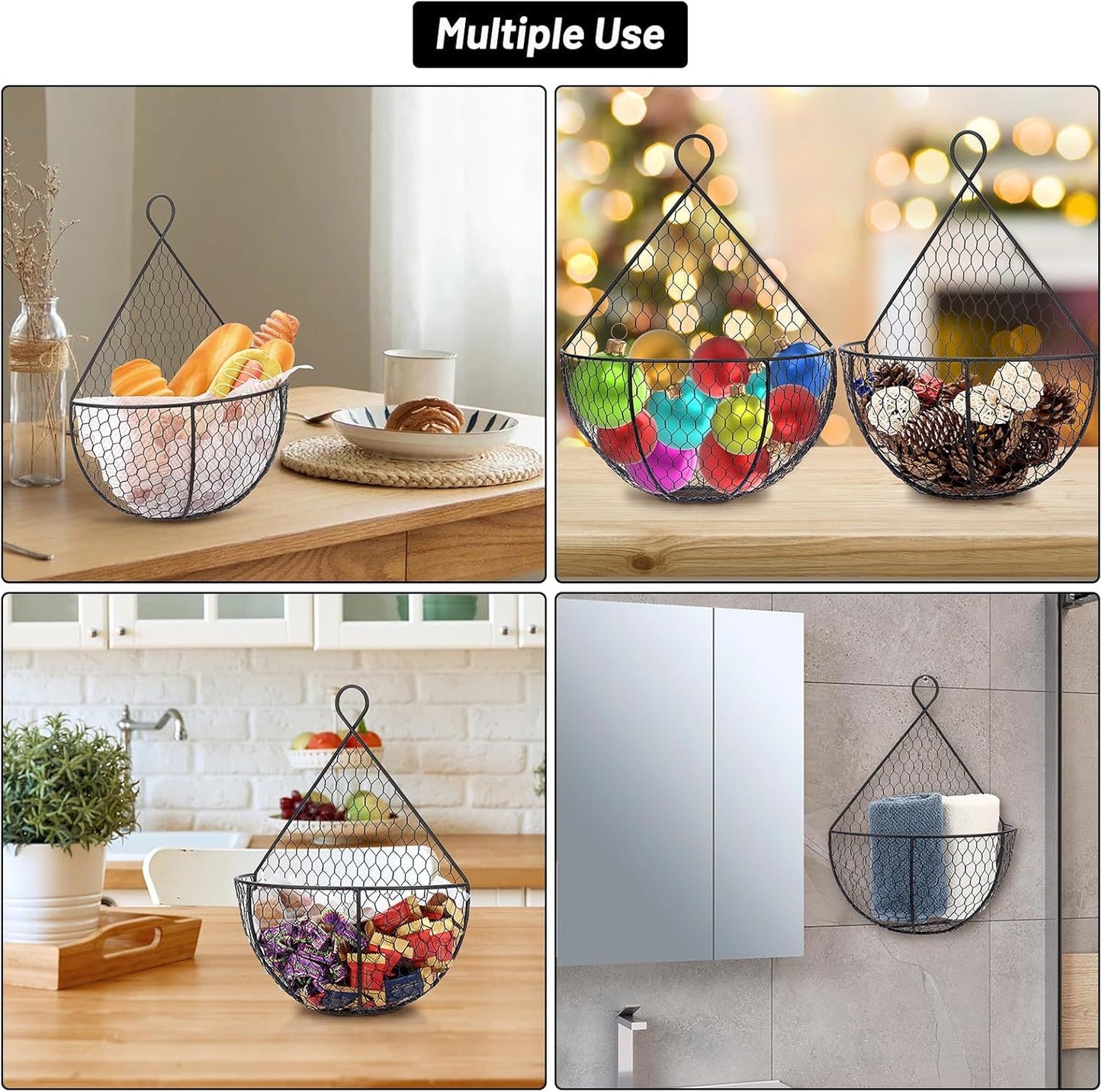 Set Of 3Metal Fruit And Vegetable Storage Hanging Basket Wall Mounted, Hanging Basket For Kitchen Black Wire Baskets For Flowers, Fruits And Veggies