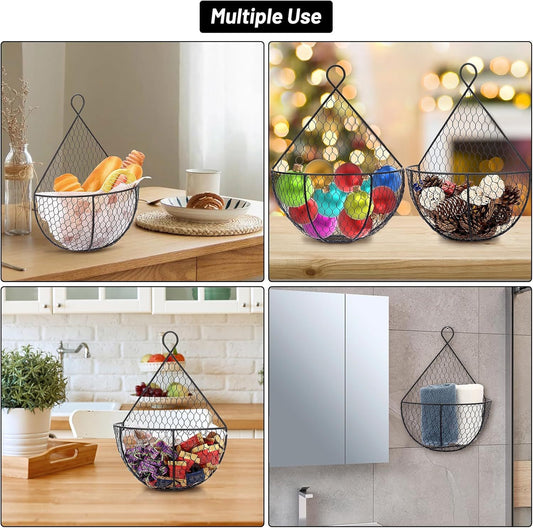 Set Of 3Metal Fruit And Vegetable Storage Hanging Basket Wall Mounted, Hanging Basket For Kitchen Black Wire Baskets For Flowers, Fruits And Veggies