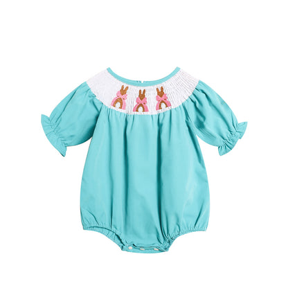 US Local Baby Girl Comforable Bunny Romper Set, Bubble Sleeve Onesie With Bow Rabbit Embroidery