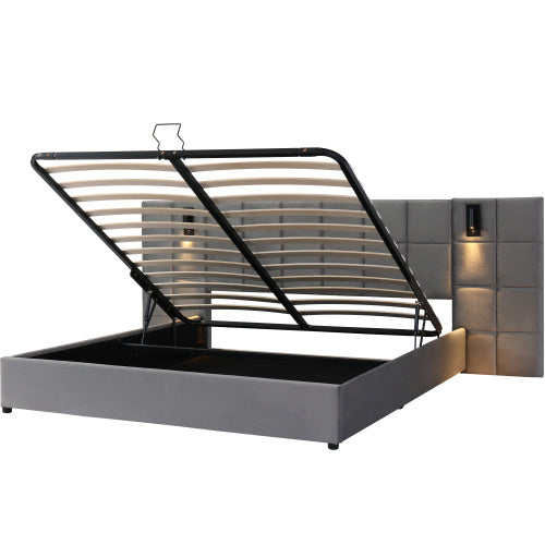 UK Local Upholstered Bed, Double Bed-4ft6 135x190cm, Hydraulic Storage Bed With Directional Lamp And USB Charging, Wide Headboard, Checkerboard Pattern, Without Bedside Tables And Mattress, Velvet, Grey