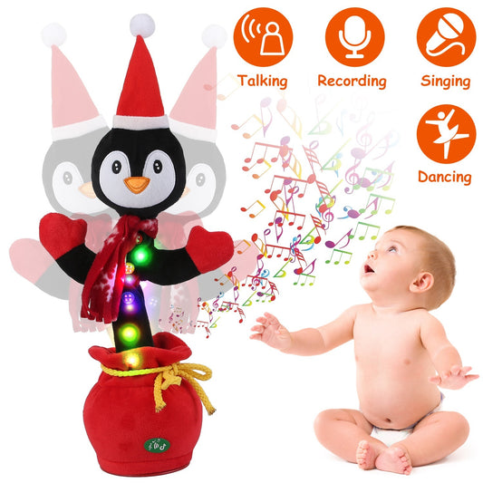 US Local 1Pc Penguin Or Elk Kid Electric Dance Toy Christmas Elk Snowman Senior Penguin Plush Toy Interactive Sing Song Whirling Mimicking Recording Light Up Toy
