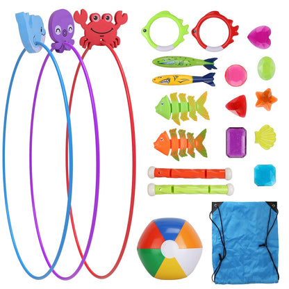 US Local Set Of 24Pcs Diving Toys Swimming Pool Toys Swim Toys For Kids Above Aged 3 Years Old Swim Thru Rings Torpedoes Gems Volleyball Storage Bag