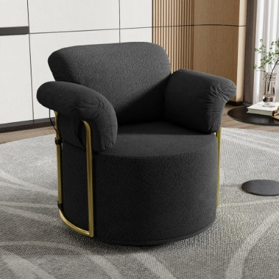 US Local 360 Degree Barrel Swivel Accent Sofa Chair,Fluffy Fabric Lounge Wide Upholstered Reading Chair With Gold Metal Legs, Comfortable Round Armchair For Living Room,Bedroom,Office