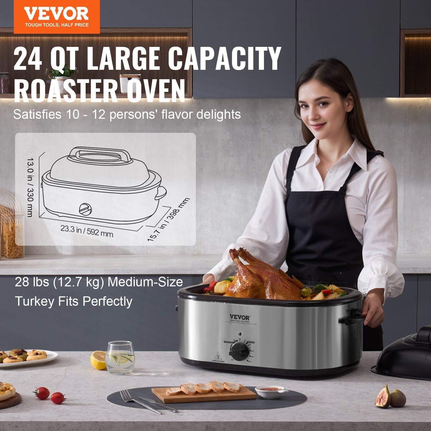 US Local Electric Roaster Oven, 24 QT Turkey Roaster Oven With Self-Basting Lid, 1450W Roaster Oven With Defrost & Warm Function, Adjustable Temp, Removable Pan & Rack, Fits Turkeys Up To 28LBS, Silver