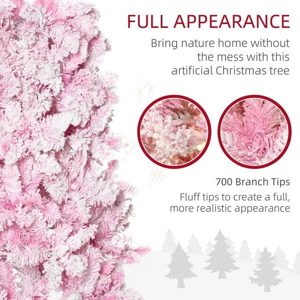 CA Local 7.5 ft Prelit Snow Flocked Artificial Christmas Tree With Pencil Shape, 700 Pine Realistic Branches, Warm White LED Lights, Auto Open, Pink And White