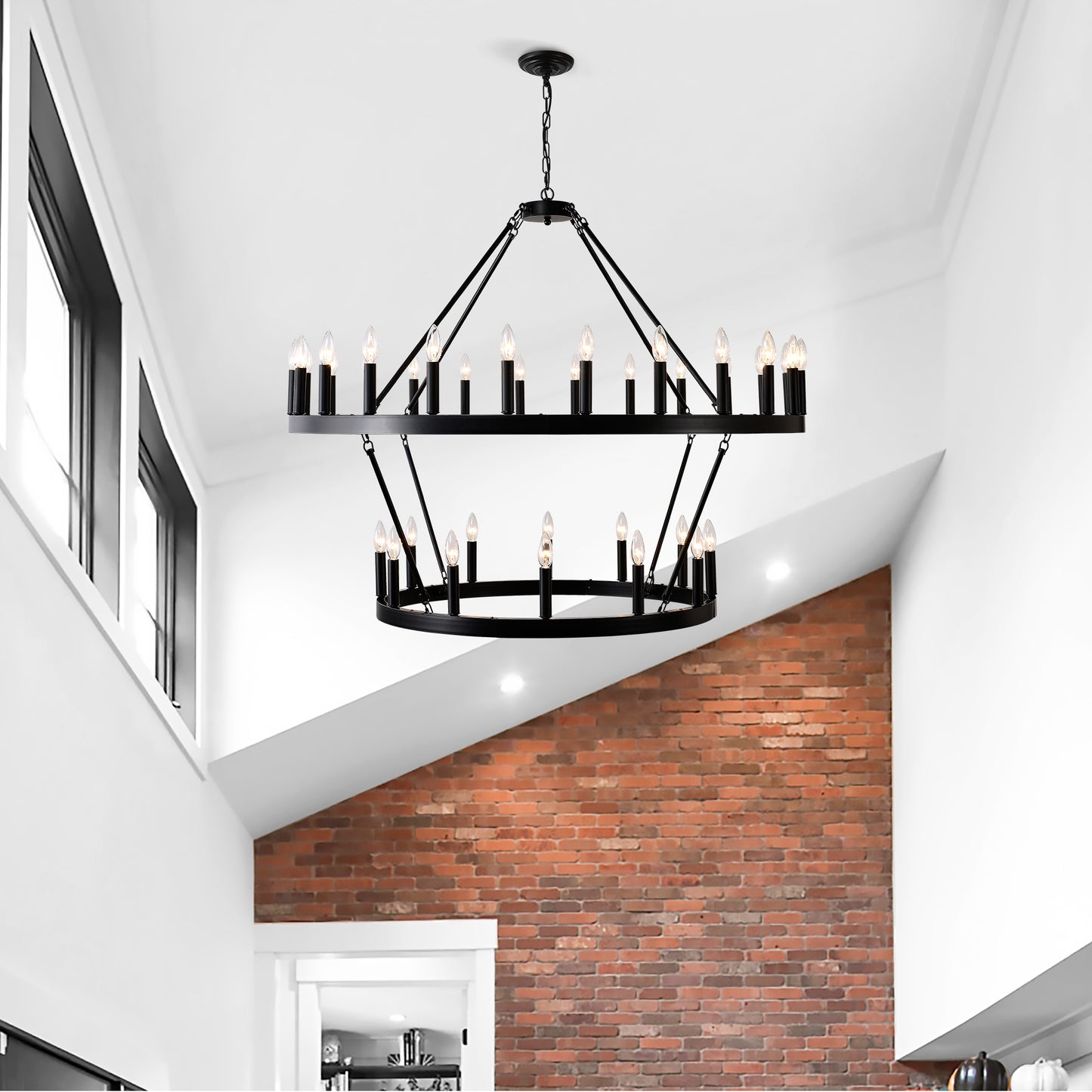 US Local 2 Tiers Wagon Wheel Chandelier Wooden Farmhouse 36-Light Black Metal Chandeliers 2-Story Light Fixtures Industrial For High Ceiling Living Dining Room Foyer. Adjustable Height