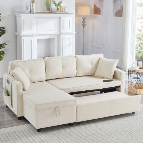 UK Local L-Shaped Pull Out Sleep Sofabed, Modern Reversible Sleeper Sectional Sofa, 3 In 1 Convertible Sofa Bed With Storage Chaise, Drop-Down Table, Cup Holders And Charging Ports