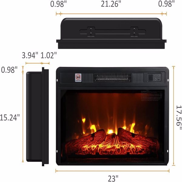 US Local 23 Inch Electric Fireplace, 3D Infrared Black Fireplace Electric Heater With Infrared Remote Control, Glass Field Of View, Adjustable Realistic Wood And Flames, Indoor, 1400W