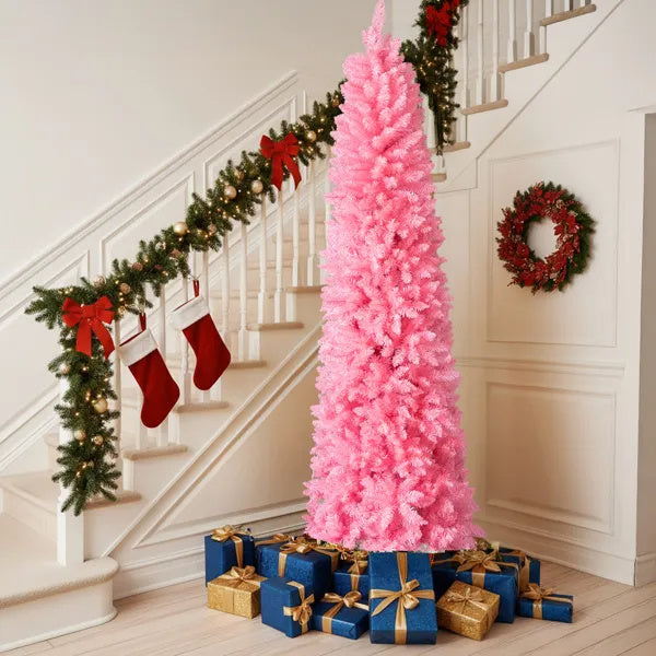 US Local 7.5 FT Hinged Christmas Tree, Artificial Pencil Christmas Tree, Unlit Artificial Christmas Pine Tree With 1075 Branch Tips And Sturdy Stand, Pink