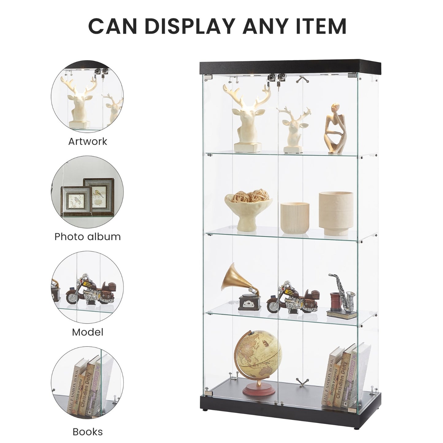 US Local 4-Tier Glass Display Cabinet, Double Door Glass Cabinet, Four Partitions, Two Locks, Floor Standing