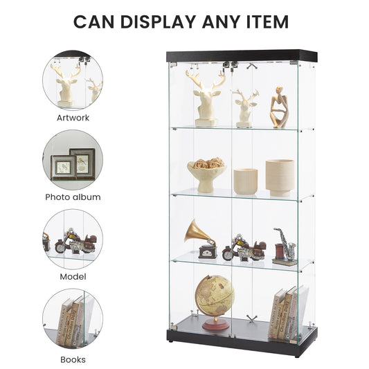 US Local 4-Tier Glass Display Cabinet, Double Door Glass Cabinet, Four Partitions, Two Locks, Floor Standing
