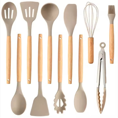 US Local Non-Stick Silicon 12 Pcs Heat Resistant Wooden Handle Kitchen Cooking Utensils Set, Khaki Color