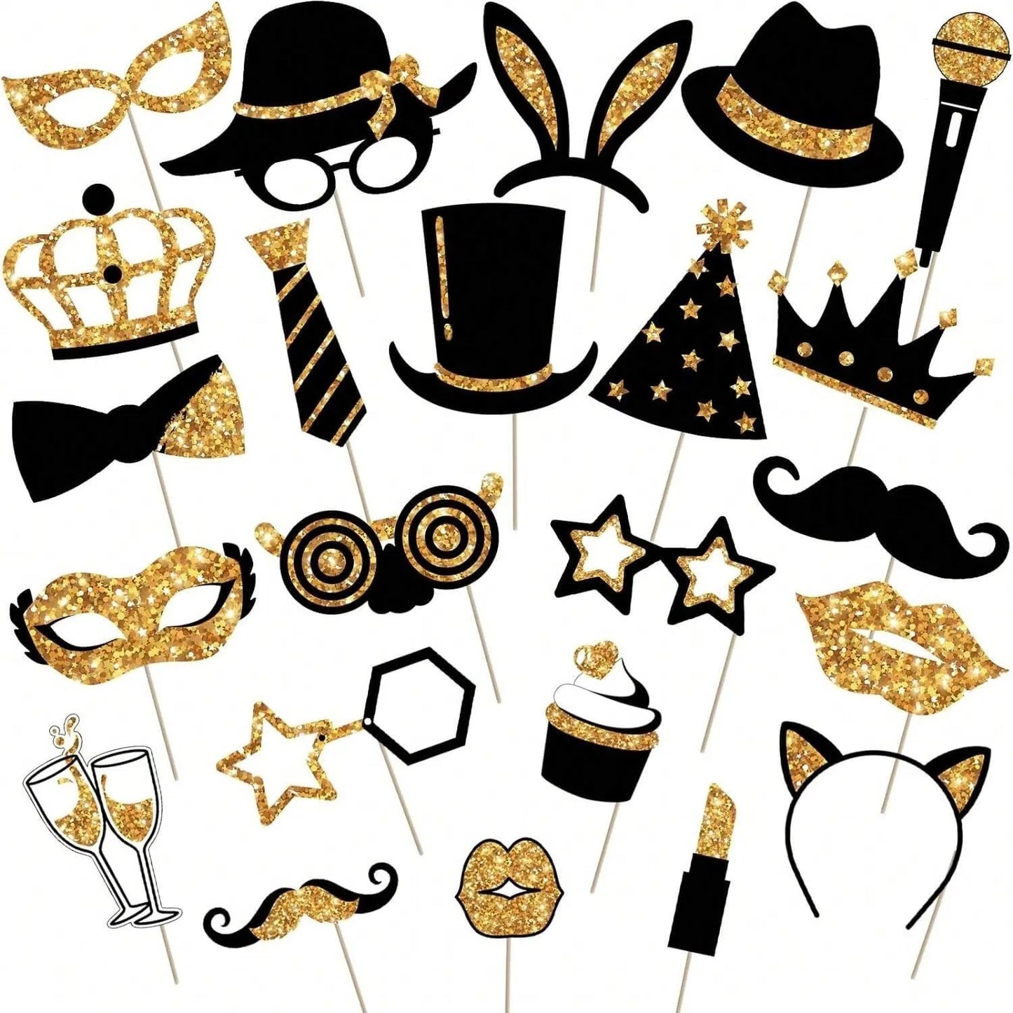 US Local 24 Pieces Party Photo Booth Props For Birthday Weddings Graduation Prom Party Supplies Mix Of Hats, Lipstick, Tie, Crowns Golden,Christmas