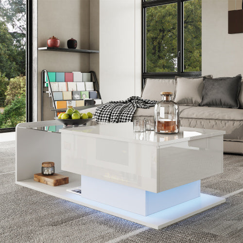 UK Local Coffee Table, High-Gloss White, Side Table, Coffee Table With Glass And LED Effect, With Glass Top