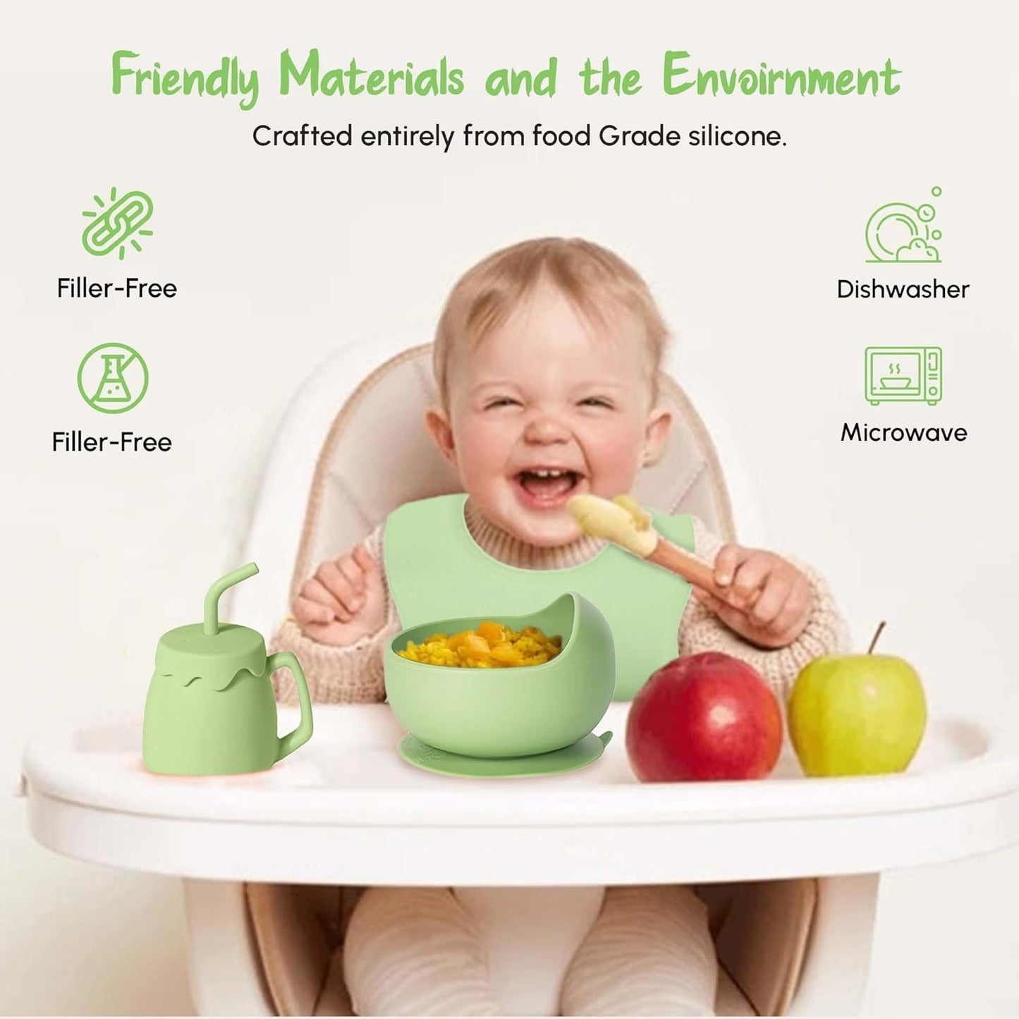 US Local SiIicone Baby Feeding Set With Suction, 10 Pcs Baby Led Weaning Supplies With Suction Bowl Divided Plate Adjustable Soft Bib Spoon Fork Snack Cup With Lid And Other Utensils, Green