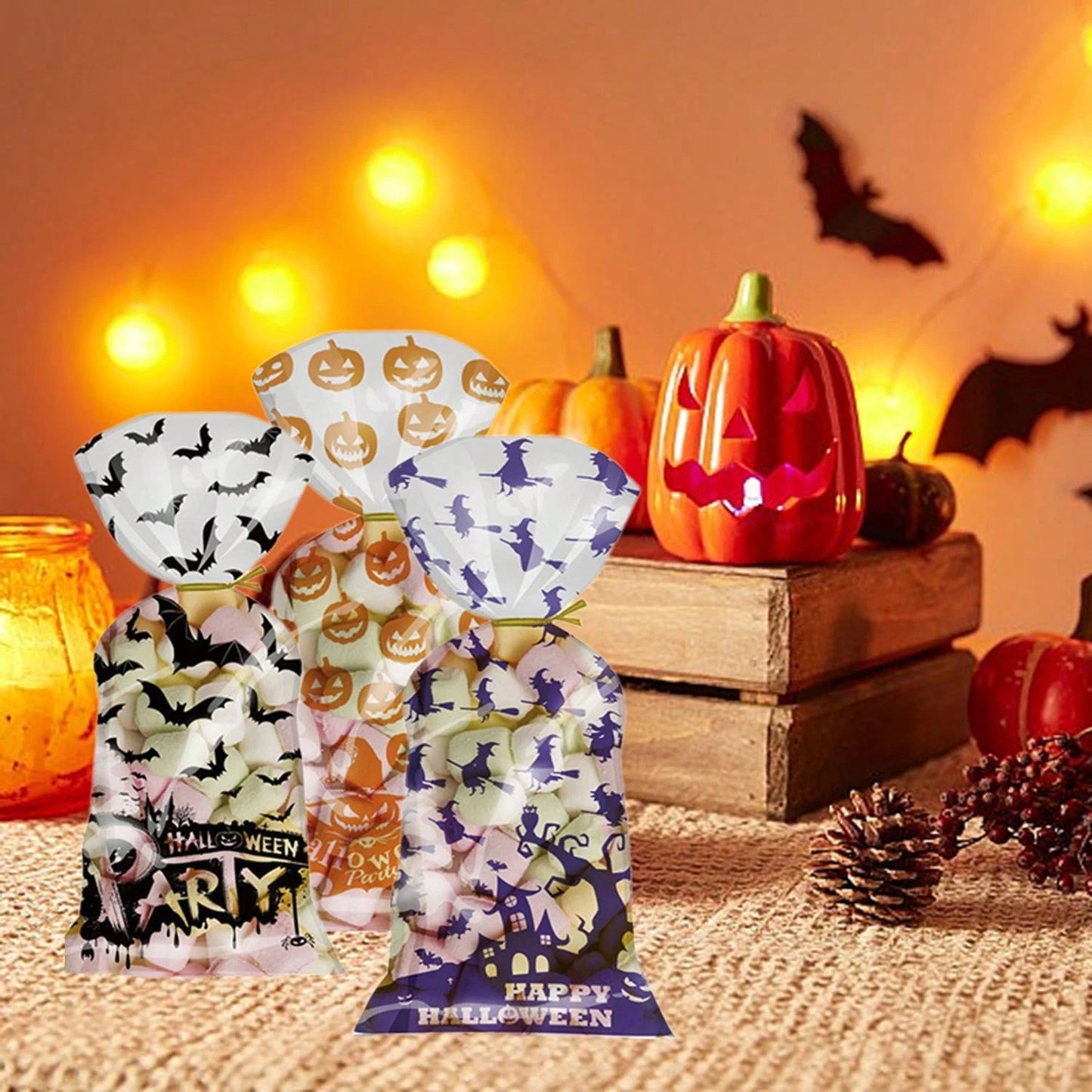 US Local 200 Pcs Halloween Gift Wrapping Bags With Twist Ties 5.1 X 10.8 Inch Cellophane Witch Bat Printing Flat Bag OPP Halloween Pumpkin Treat Packaging Bags For Party Favors Halloween Decoration