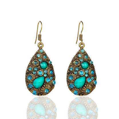 Water Drop Gem Diamond Ancient Ethnic Style Earrings Female Blue Black