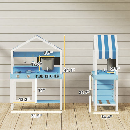 US Local Wooden Mud Kitchen For Kids Outdoor With Sink, Faucet, Water Tank, Storage Shelves, Accessories For Boys And Girls, Blue