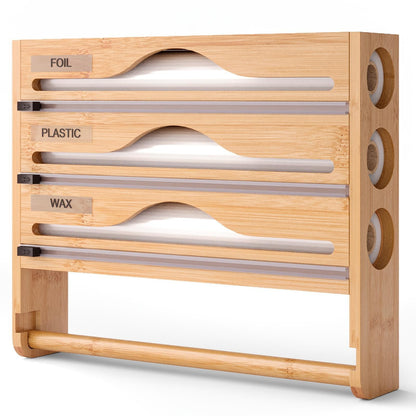 US Local Bamboo Plastic Wrap Cutter With Paper Towel Holder Kitchen Wall-mounted Tinfoil Cutter With Three-grid Cutter And Paper Towel Storage Rack