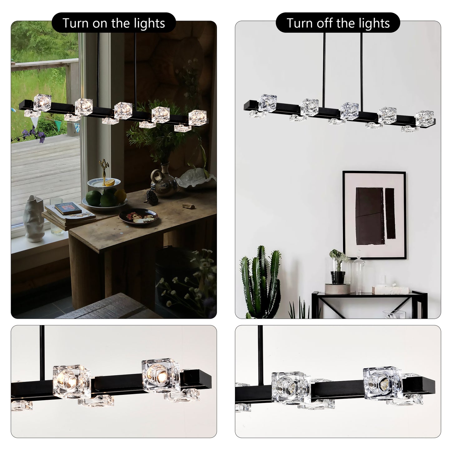 US Local Rectangle Chandelier For Dining Room, 10-Light Black Farmhouse Linear Pendant Light Fixture, Modern Crystal Hanging Lighting Chandelier For Lobby, Kitchen, Bedroom, Living Room, Conference Room, Home