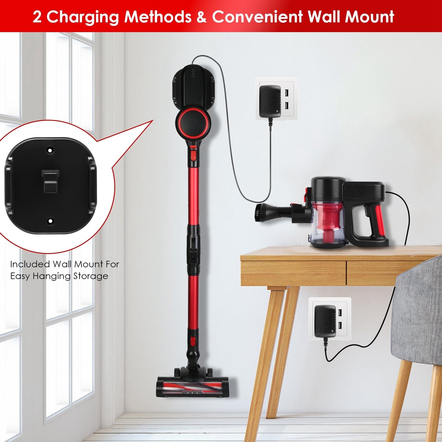 US Local Cordless Vacuum Cleaner Lightweight Handheld Vacuum Upright Stick Floor Vacuum Battery Powered Mop With Lighting 2 Speeds 12000PA Suction 4 Tools Mount Bracket 180 Degree Foldable